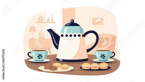 Modern flat vector illustration of tea time setup with teapot, cups, and snacks on table, calm and relaxing beverage scene ideal for wellness, hospitality, and lifestyle themes