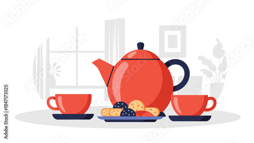 Modern flat vector illustration of tea time setup with teapot, cups, and snacks on table, calm and relaxing beverage scene ideal for wellness, hospitality, and lifestyle themes