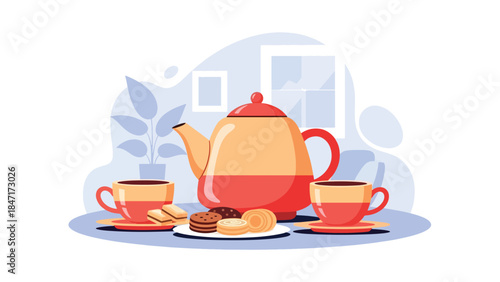 Modern flat vector illustration of tea time setup with teapot, cups, and snacks on table, calm and relaxing beverage scene ideal for wellness, hospitality, and lifestyle themes