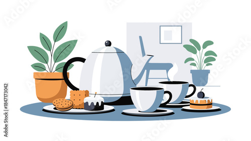 Modern flat vector illustration of tea time setup with teapot, cups, and snacks on table, calm and relaxing beverage scene ideal for wellness, hospitality, and lifestyle themes