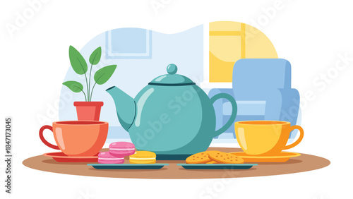 Modern flat vector illustration of tea time setup with teapot, cups, and snacks on table, calm and relaxing beverage scene ideal for wellness, hospitality, and lifestyle themes