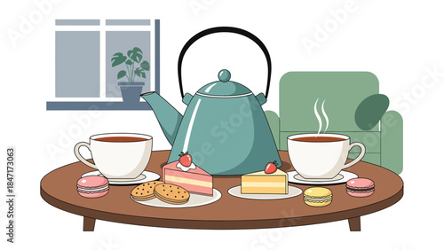 Modern flat vector illustration of tea time setup with teapot, cups, and snacks on table, calm and relaxing beverage scene ideal for wellness, hospitality, and lifestyle themes