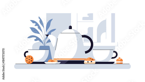 Modern flat vector illustration of tea time setup with teapot, cups, and snacks on table, calm and relaxing beverage scene ideal for wellness, hospitality, and lifestyle themes
