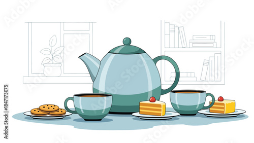 Modern flat vector illustration of tea time setup with teapot, cups, and snacks on table, calm and relaxing beverage scene ideal for wellness, hospitality, and lifestyle themes