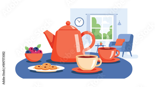 Modern flat vector illustration of tea time setup with teapot, cups, and snacks on table, calm and relaxing beverage scene ideal for wellness, hospitality, and lifestyle themes