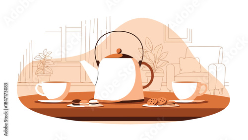 Modern flat vector illustration of tea time setup with teapot, cups, and snacks on table, calm and relaxing beverage scene ideal for wellness, hospitality, and lifestyle themes
