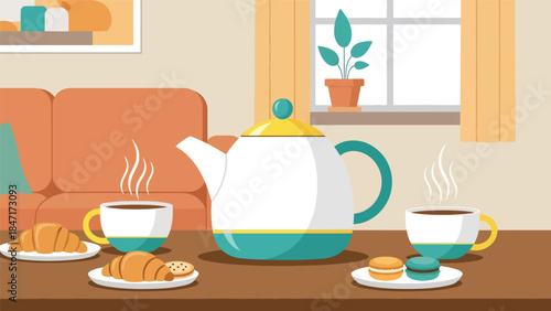 Modern flat vector illustration of tea time setup with teapot, cups, and snacks on table, calm and relaxing beverage scene ideal for wellness, hospitality, and lifestyle themes