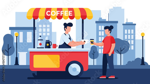 Flat vector illustration of a street coffee cart serving drinks in an urban setting, mobile café concept showcasing street food culture and modern city beverage lifestyle