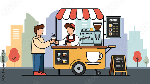 Flat vector illustration of a street coffee cart serving drinks in an urban setting, mobile café concept showcasing street food culture and modern city beverage lifestyle