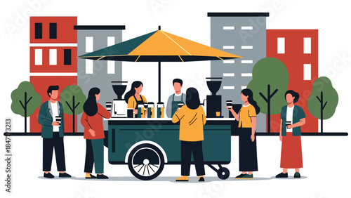 Flat vector illustration of a street coffee cart serving drinks in an urban setting, mobile café concept showcasing street food culture and modern city beverage lifestyle