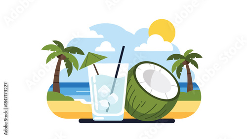 Modern flat vector illustration of refreshing coconut water with fresh coconut fruit, tropical healthy drink concept perfect for summer beverage, wellness, and hydration themes