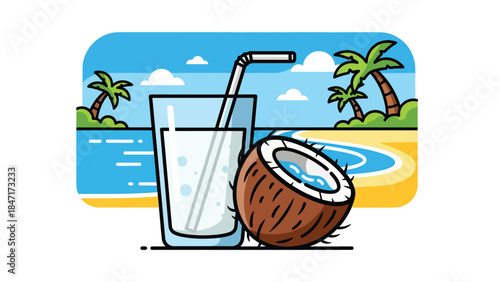 Modern flat vector illustration of refreshing coconut water with fresh coconut fruit, tropical healthy drink concept perfect for summer beverage, wellness, and hydration themes