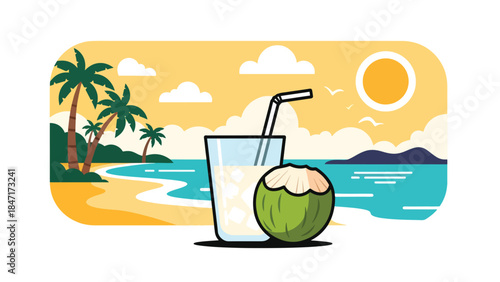 Modern flat vector illustration of refreshing coconut water with fresh coconut fruit, tropical healthy drink concept perfect for summer beverage, wellness, and hydration themes