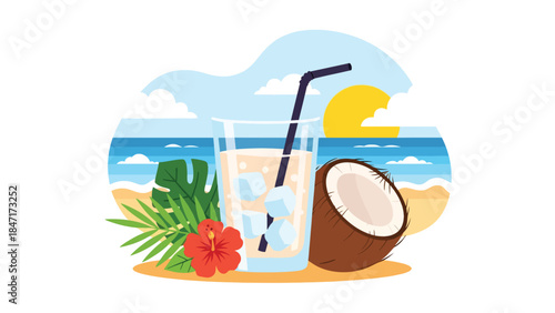 Modern flat vector illustration of refreshing coconut water with fresh coconut fruit, tropical healthy drink concept perfect for summer beverage, wellness, and hydration themes