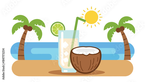 Modern flat vector illustration of refreshing coconut water with fresh coconut fruit, tropical healthy drink concept perfect for summer beverage, wellness, and hydration themes
