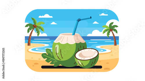 Modern flat vector illustration of refreshing coconut water with fresh coconut fruit, tropical healthy drink concept perfect for summer beverage, wellness, and hydration themes