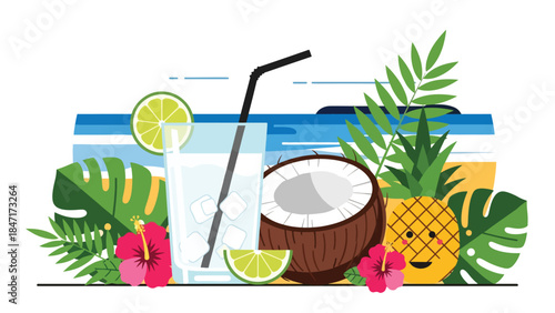 Modern flat vector illustration of refreshing coconut water with fresh coconut fruit, tropical healthy drink concept perfect for summer beverage, wellness, and hydration themes