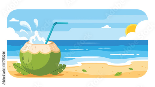 Modern flat vector illustration of refreshing coconut water with fresh coconut fruit, tropical healthy drink concept perfect for summer beverage, wellness, and hydration themes