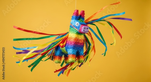 Colorful piñata with rainbow ribbons on bright yellow background