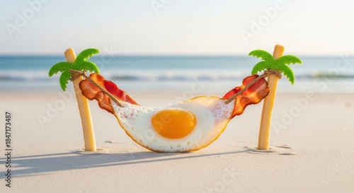 Fried egg hammock between palm trees on tropical beach funny concept