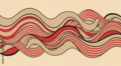 Abstract Wavy Line Composition – Red, Beige, and Black Curves on Light Background