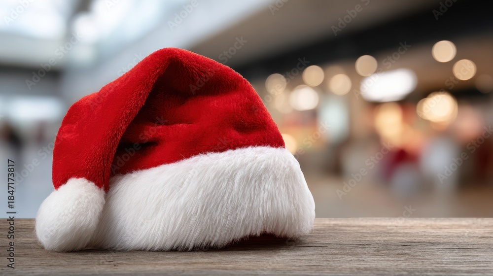 Obraz premium Red Christmas hat with white fur trim placed on wooden surface. The background is blurred with festive lights, suggesting a holiday atmosphere.