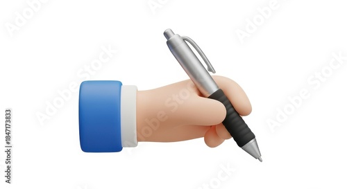 3D Emoji Hand Holding Pen – Stylized Writing Gesture with Blue Sleeve on Neutral Background