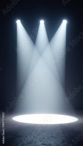 Powerful stage lights bathe an empty platform in brilliant white, deep shadow behind , stage, performance space