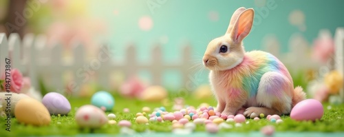 Rainbow bunny candy spills near pastel eggs by picket fence , joy, springtime