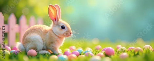 Rainbow bunny candy spills near pastel eggs by picket fence , rainbow, bright, pastel