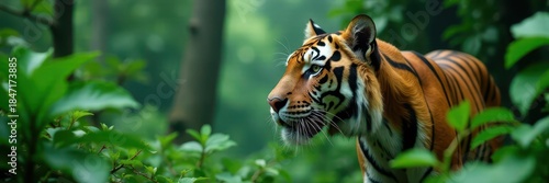 Rain-soaked tiger surveys lush green jungle, eyes intense , vegetation, nature photography, droplets