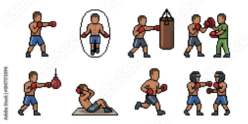 Boxing training pixel style icon set, workouts sparring bags
