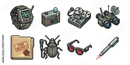 Spy gadgets pixel style icon set, cameras recorders bugs