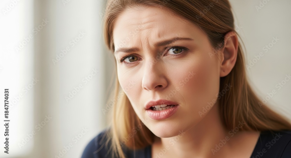 Naklejka premium Portrait of a worried young woman with a concerned and confused facial expression 