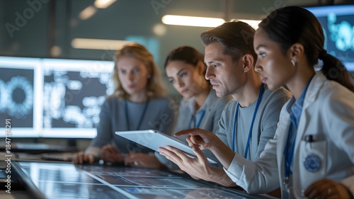 Diverse team of medical professionals, scientists collaborating on data analysis, research, healthcare innovation in a modern high-tech lab environment. Focused, professional, cutting-edge technolo
