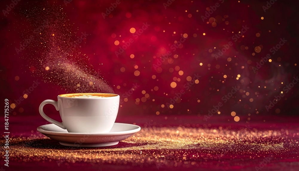 Fototapeta premium 深みのあるバーガンディ背景に、柔らかく発光するダスト粒子が漂う上質な映像です。 サイドアングルで捉えたコーヒーカップが、落ち着いたカフェブランディングを演出。 穏やかな光と赤系トーンが、信頼・温もり・贅沢といった感情を喚起します。