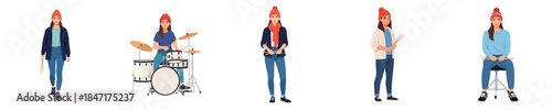 Female Drummer Character Vector Flat Design Musician Lifestyle Illustration Set