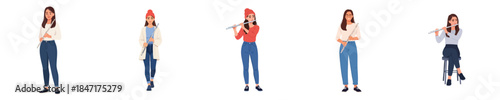 Female Flute Musician Vector Flat Design Creative Music Lifestyle Character Set