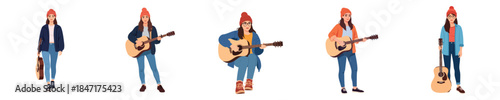 Female Guitarist Musician Vector Flat Design Creative Acoustic Lifestyle Illustration Set