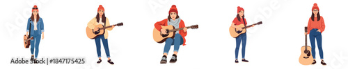 Female Guitarist Musician Vector Flat Design Acoustic Music Lifestyle Character Set