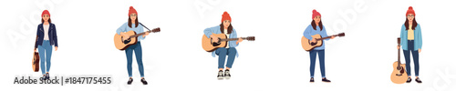 Female Guitarist Musician Vector Flat Design Creative Acoustic Lifestyle Illustration