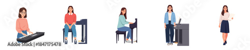 Female Pianist Musician Playing Piano Keyboard Practice Sheet Music Flat Vector Set