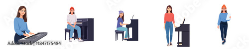 Female Pianist Musician Playing Piano Keyboard Practice Sheet Music Vector Set