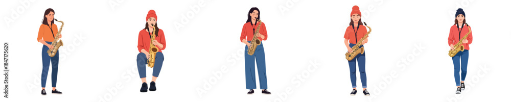 Fototapeta premium Female Saxophonist Musician Playing Saxophone Jazz Performance Flat Vector Set