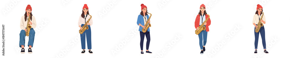 Fototapeta premium Female Saxophonist Musician Playing Saxophone Jazz Vector Flat Illustration Set