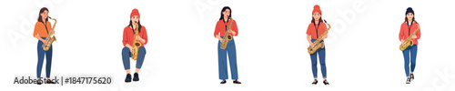 Female Saxophonist Musician Playing Saxophone Jazz Performance Flat Vector Set