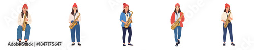 Female Saxophonist Musician Playing Saxophone Jazz Vector Flat Illustration Set
