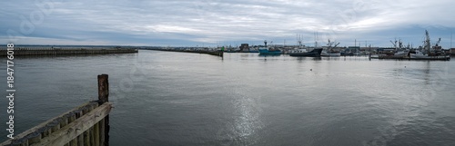 Panorama of the inlet to Westhaven Cove and the marina on the Pacific Coast at Westport, Washington, USA