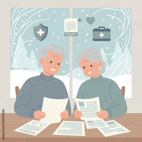 Happy elderly couple reviewing health insurance policy documents at table near window with winter view representing Healthcare and health insurance for seniors