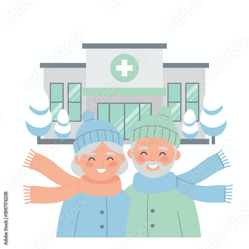 Happy elderly couple with scarfs standing in front of hospital building with medical cross sign representing Healthcare and health insurance for seniors